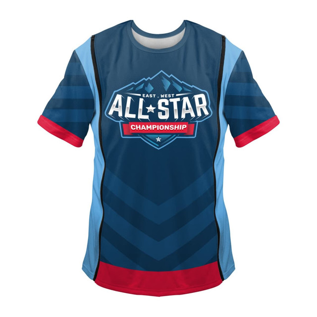 A blue and red adult unisex jersey with an emblem featuring mountains and text, along with stripes on the sleeves.
