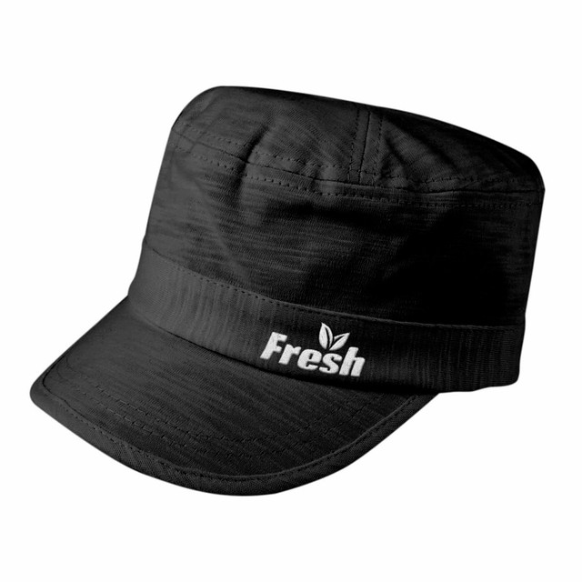 A black bamboo military cap with a folded brim and a logo on the front.