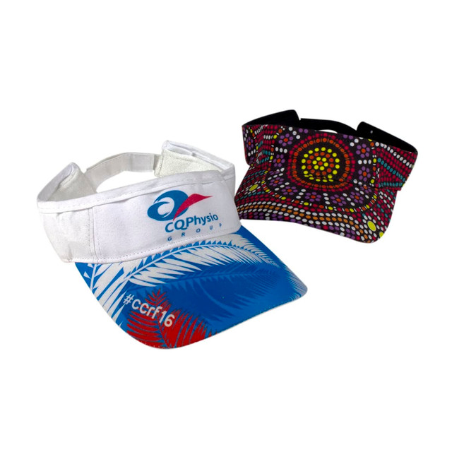 A sublimated visor duo featuring a white and blue design and a black visor with colourful patterns. Both visors have logos.