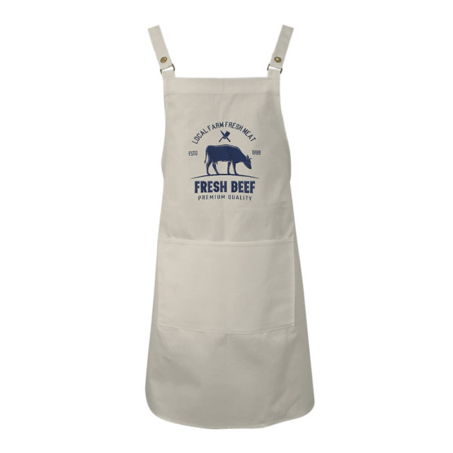 A cream bib apron with sewn-on straps and a logo featuring a cow graphic and text.