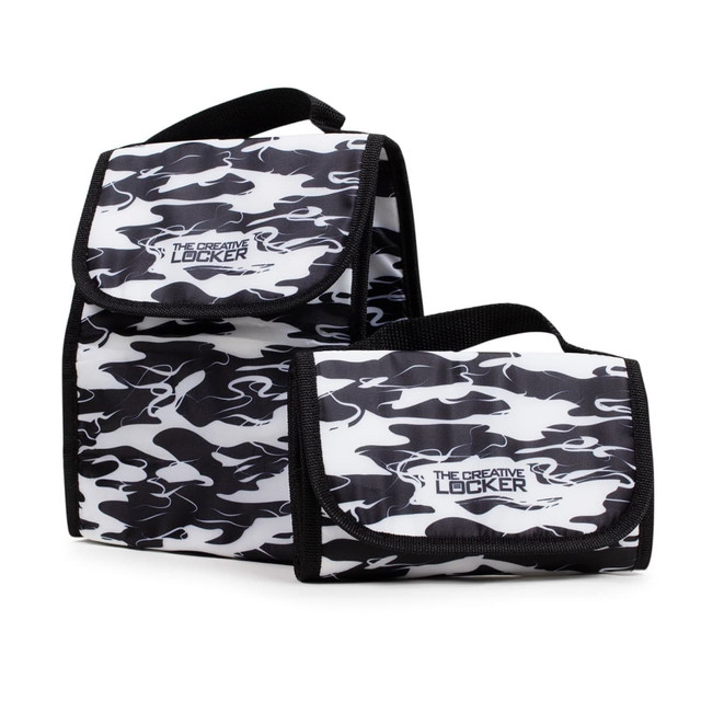 A foldable lunch cooler bag in a black and white camouflage pattern, featuring a logo and a flap closure.