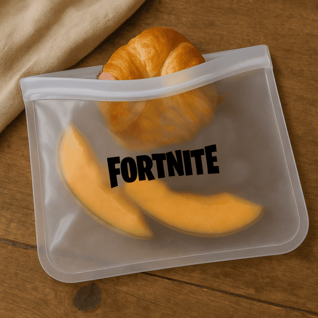 A transparent PEVA reusable food storage bag contains a croissant and slices of melon, with a logo visible.