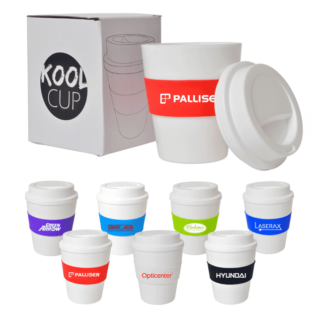 A set of large white drink cups with colourful branded sleeves in various designs, packaged in a box.