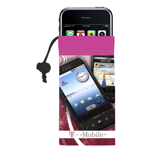 A pink microfibre pouch for mobile phones and cameras, featuring images of smartphones and a logo.