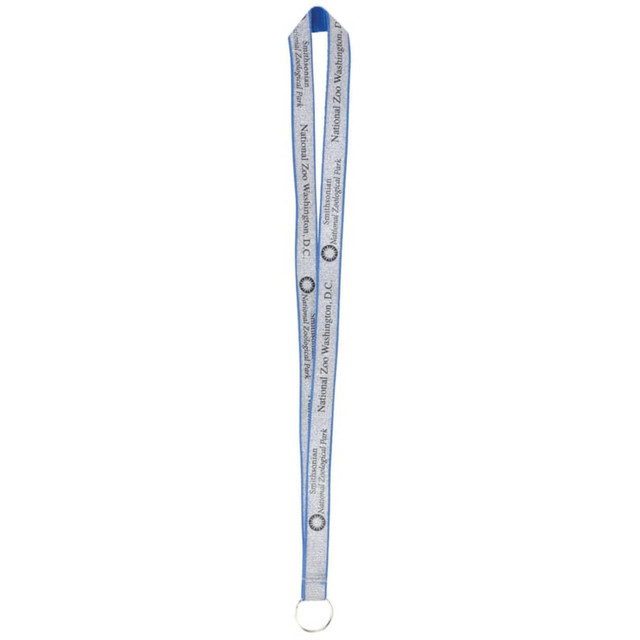 A blue and glittery custom lanyard featuring a logo and text design.