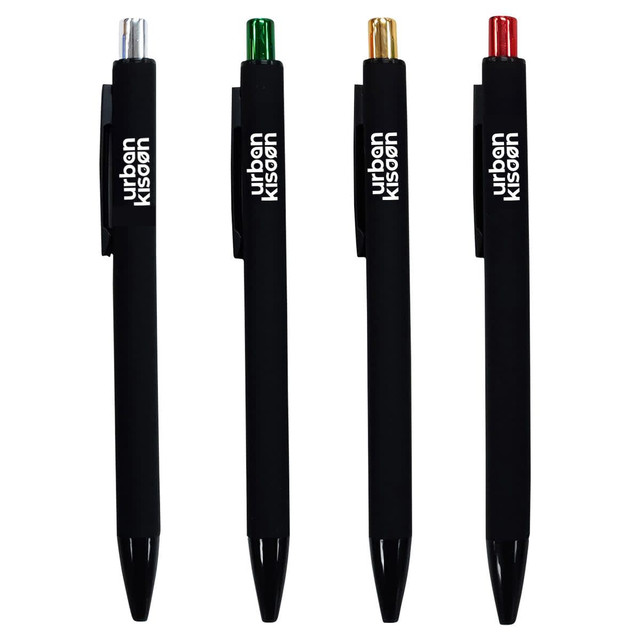A collection of four black plastic pens with silver, green, gold, and red tips, featuring a logo.