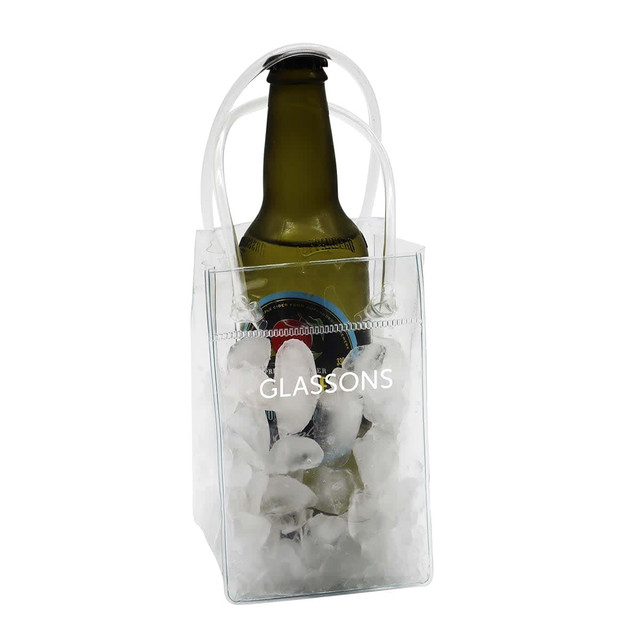 A drink bottle enclosed in a clear, small cooler bag filled with ice, featuring a logo on the front.