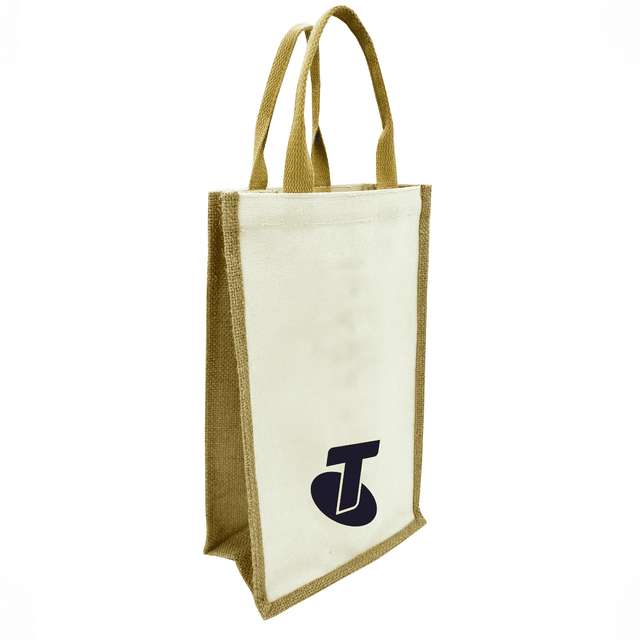 A jute double wine bag in natural and brown hues, featuring carry handles and a logo on one side.