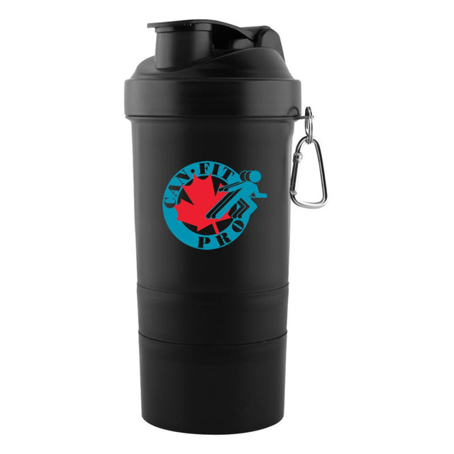 A drink bottle in black featuring a logo and a carabiner clip, designed with a stacked, three-part structure.