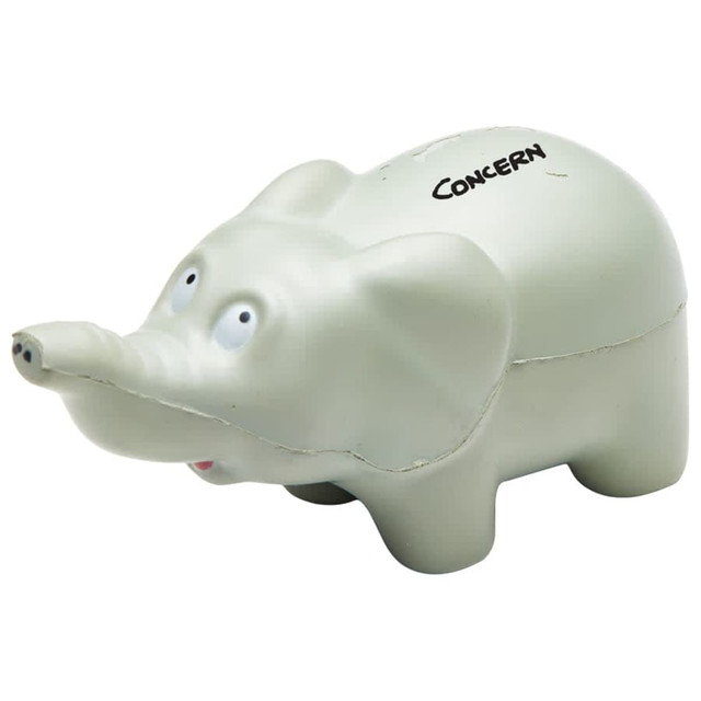 A light grey squeeze toy elephant with a surprised expression and a small trunk. It features a logo on its surface.