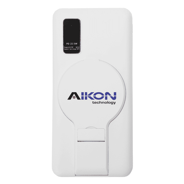 A white power bank with a circular pop-out stand and a logo, featuring a sleek, compact design.
