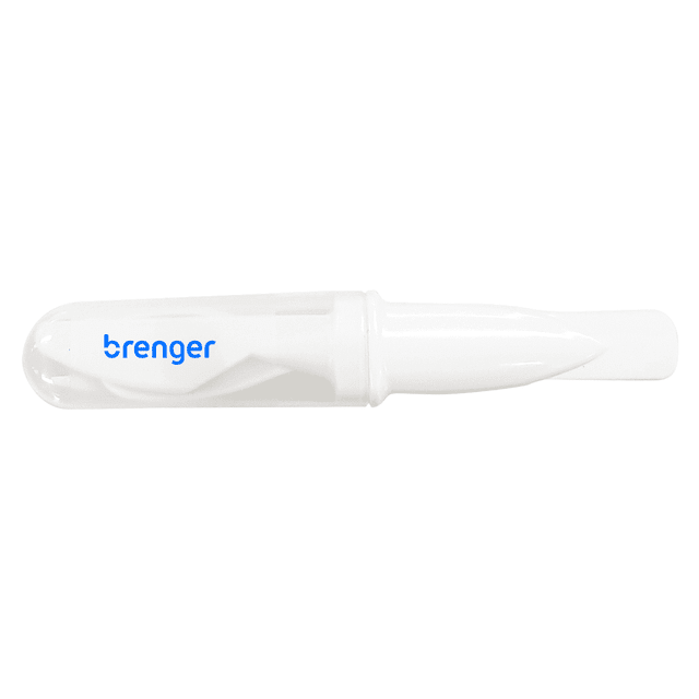 A white promotional product with a transparent cap and a logo. The item appears to be a tool for slicing or spreading.