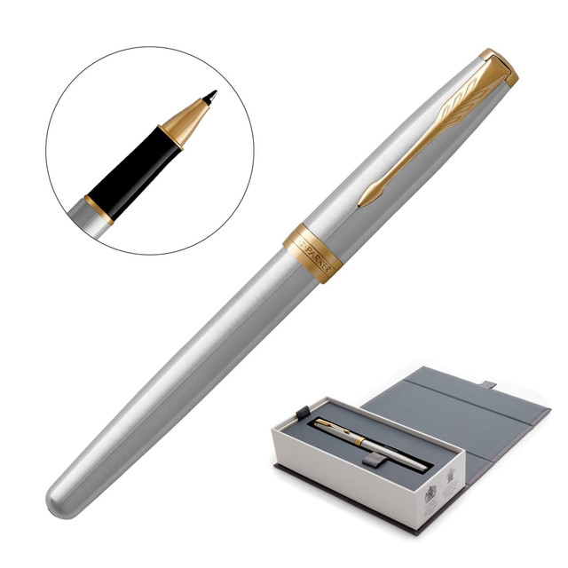 A metal rollerball pen featuring a brushed stainless body with gold accents, presented in a grey box.