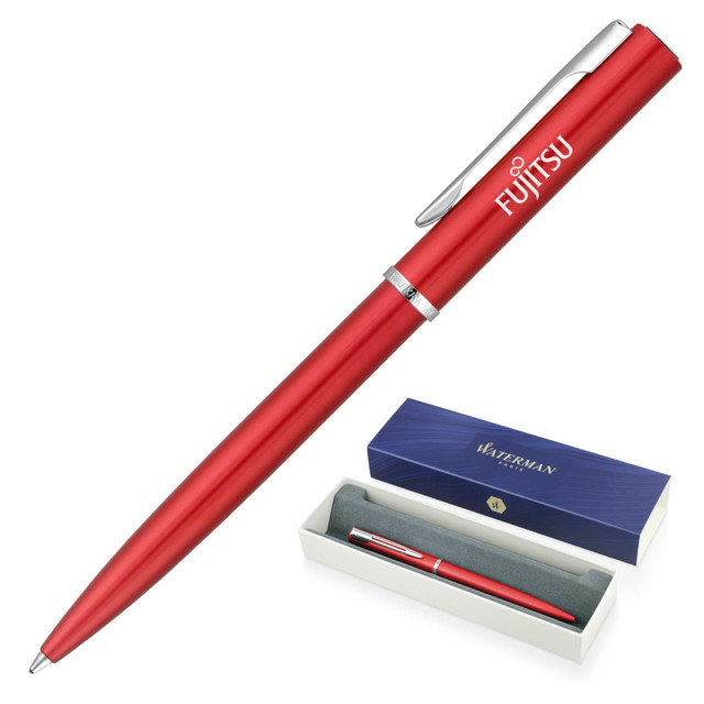 A red ballpoint metal pen with a silver clip, presented in a box with branding.