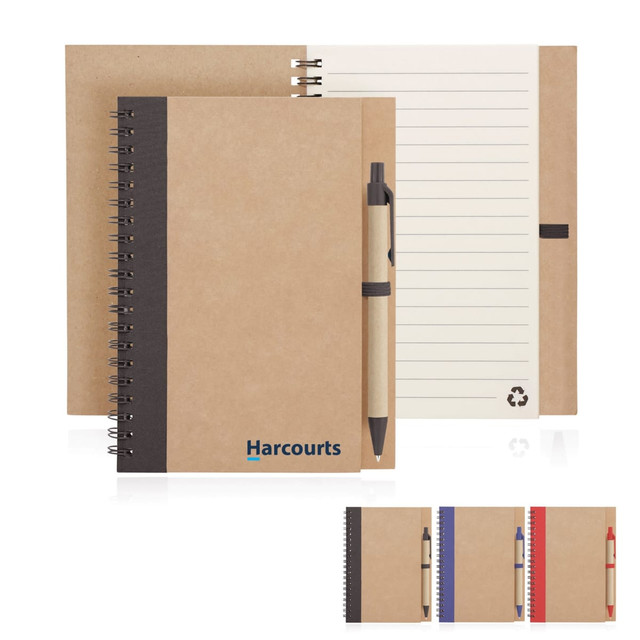 A spiral-bound eco notebook made of recycled paper, featuring a brown cover and a pen. Available in multiple colours.