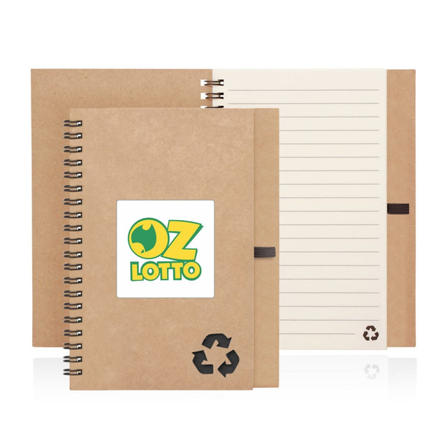 A spiral-bound notebook made from recycled paper with a brown cover and a logo on the front.