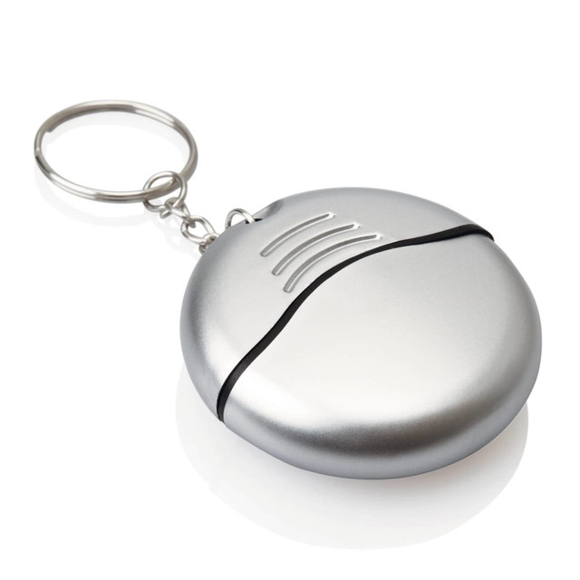 A silver keyring tool kit featuring a round, compact design with a keychain attachment.