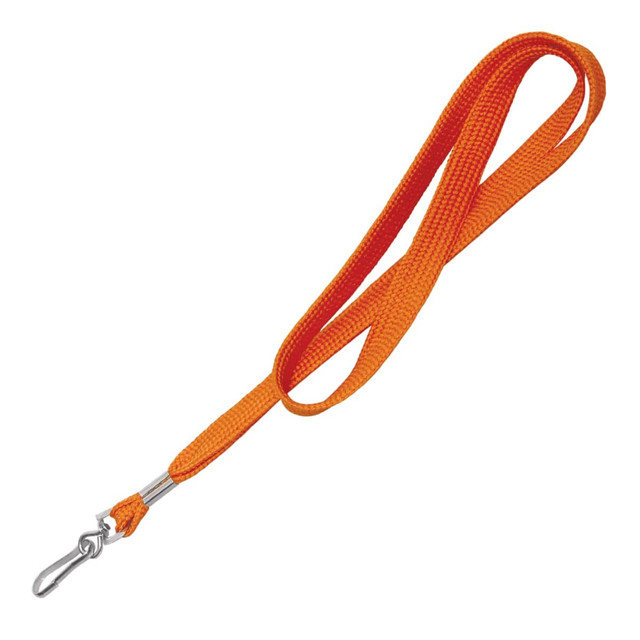 An orange 12mm polyester lanyard with a stainless steel clip at one end, featuring a simple tubular design.
