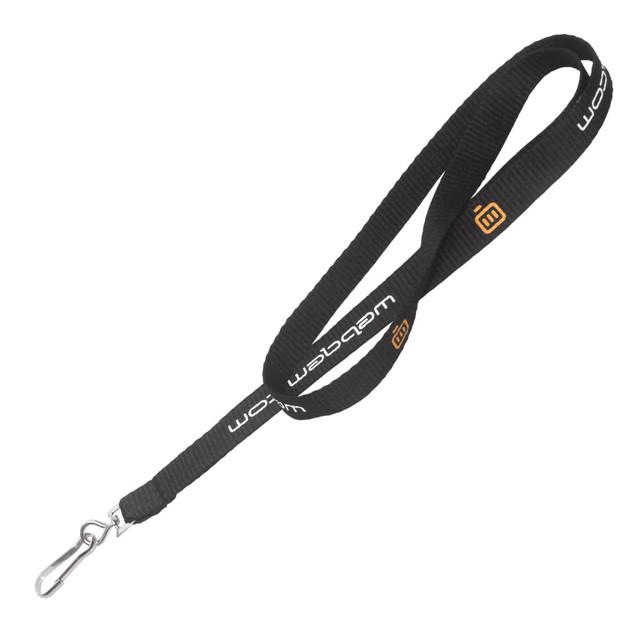 A black ribbed polyester lanyard with a metal clip and a logo.