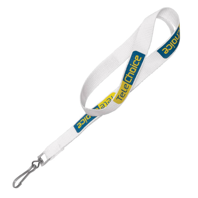 A white lanyard with ribbed polyester material and a metal clip, featuring a logo in blue and yellow.