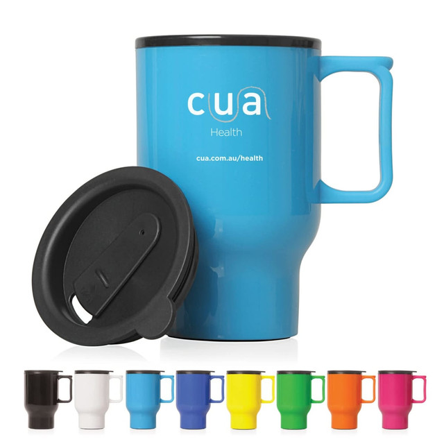 A travel mug in vibrant blue with a handle and a black lid. Available in various colours. Features a logo.
