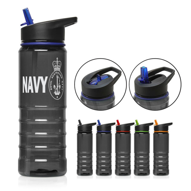 A drink bottle in grey Tritan, 750ml capacity, featuring a black lid and a straw. Available in various accents.