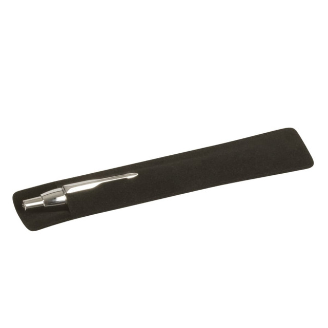A black velvet pen pouch with a silver pen inside, featuring a subtle branding logo.