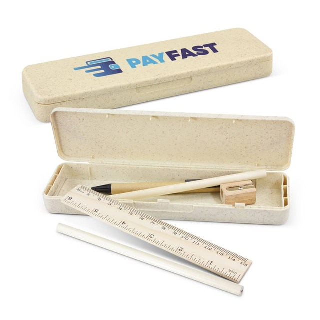 A pencil case in a light beige colour containing a ruler, pencil, sharpener, and a white pencil. It has a logo on the lid.