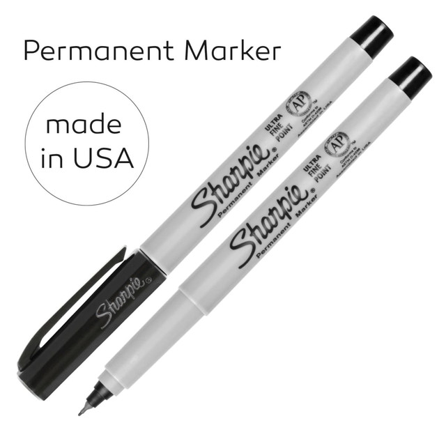 A set of black ultra fine permanent markers with a clip, featuring a branding logo. Made in the USA.