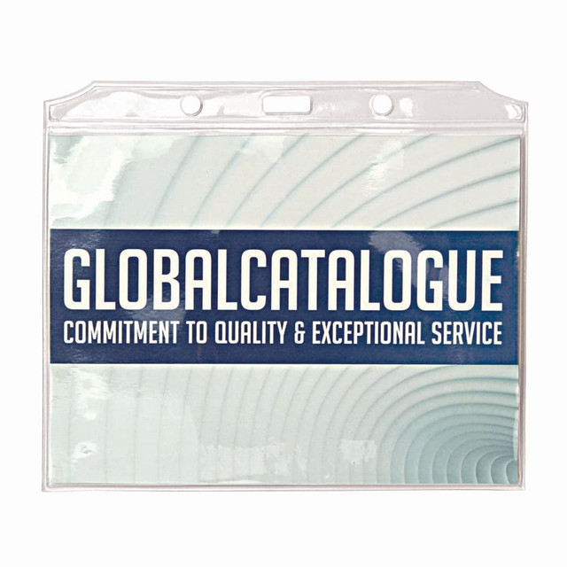 A clear PVC card holder with a white and blue design, featuring a branding logo. Dimensions are 113mm (H) x 155mm (W).