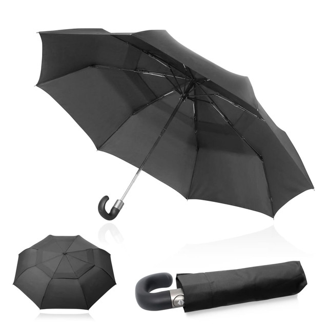 A black 68cm folding golf umbrella with a curved handle, displayed open, closed, and from above.