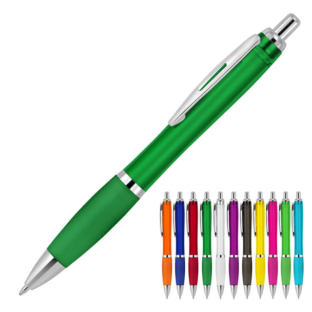 A transparent green ballpoint pen with silver accents, accompanied by a variety of other colourful pens in the background.
