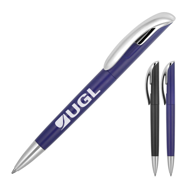 A plastic ballpoint pen with a navy blue barrel and a silver clip, featuring a logo. Two additional pens in black and silver are included.