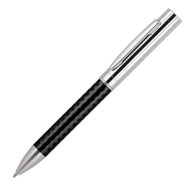 A metal ballpoint pen featuring a carbon fibre finish in black and silver accents, with a sleek design and clip.