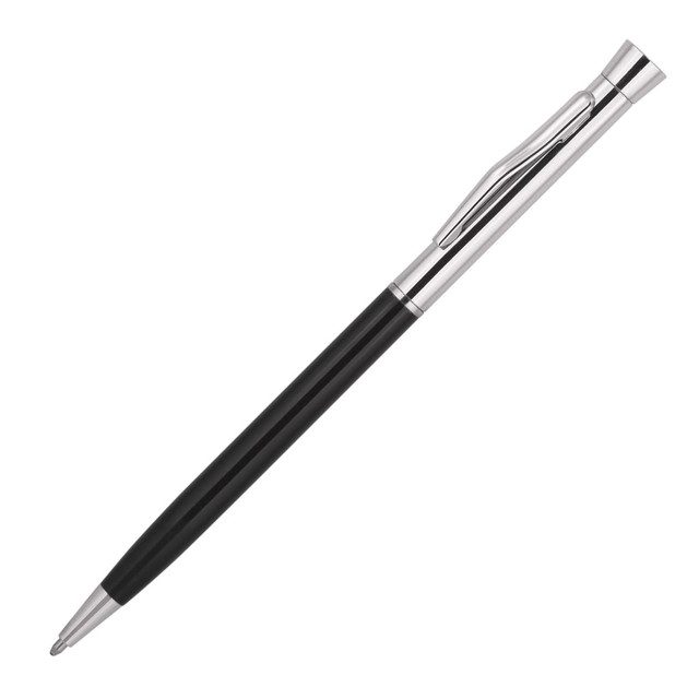 A black and silver ballpoint pen with a sleek design and a clip, featuring a logo on the barrel.