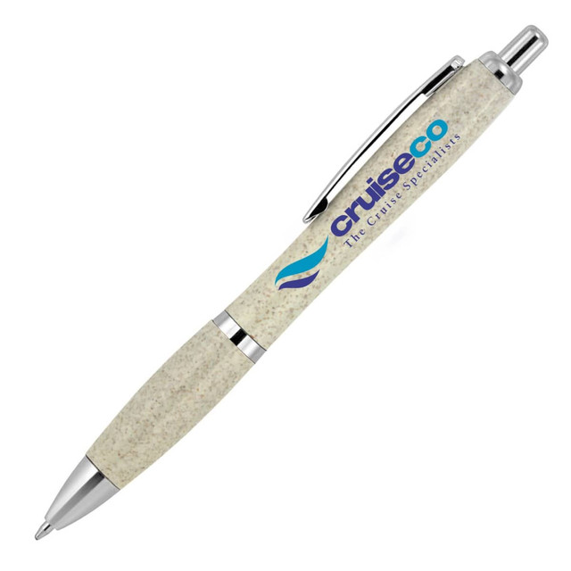 A ballpoint pen with a wheat straw barrel, silver accents, and a logo, featuring a pale colour and sleek design.