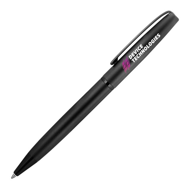A matte black ballpoint pen with a silver clip and branding on the side.