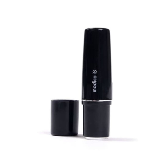A black Modico i8 stamp with an 8mm round imprint, featuring a detachable cap and a sleek design.