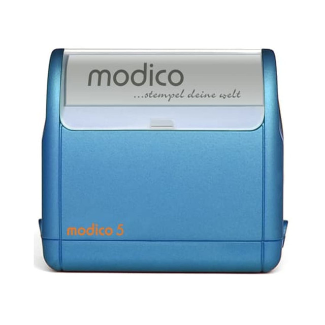 A blue Modico 5 stamp with a transparent top and an orange accent, featuring a logo on the front.