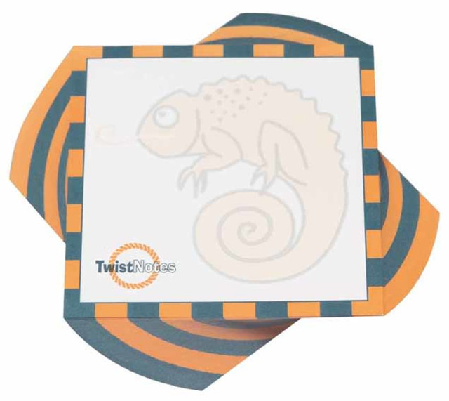 A 100x100mm twist note pad featuring three colours: orange, grey, and white, with a logo and a seahorse design.