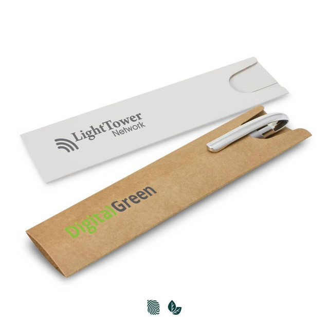 A cardboard pen sleeve in brown with a white pen inside, featuring a logo on the front.
