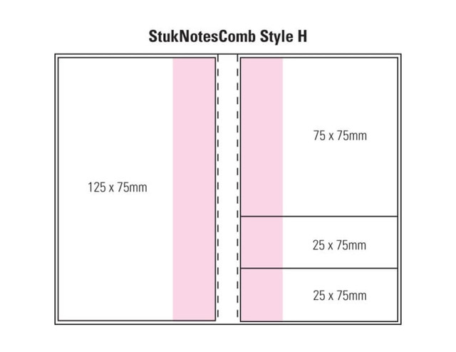 A notepad design featuring a laminated cover with sections measuring 125x75mm and two 25x75mm slots, in a simple layout.