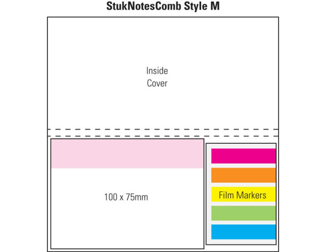 A laminated product with a four-colour cover, featuring compartments for film markers and a note pad section.