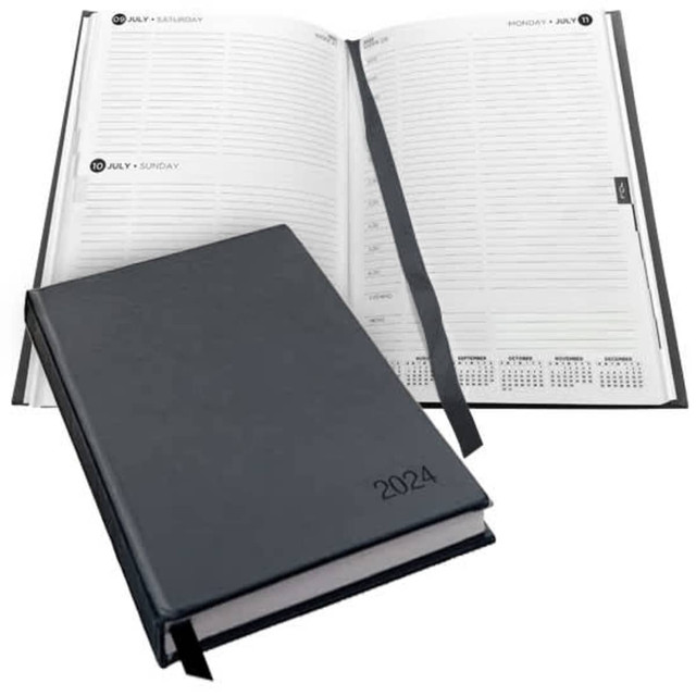 A5 PU hard cover diary featuring a black exterior, with pages designed for daily planning. Includes a bookmark ribbon.