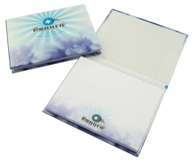 A notepad featuring a hard cover with a blue and white design, containing 50 blank leaves inside. It includes a logo on the cover.