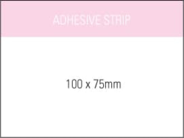 A notepad featuring a pink adhesive strip, sized 100 x 75 mm, with a white backing. It has a logo present.