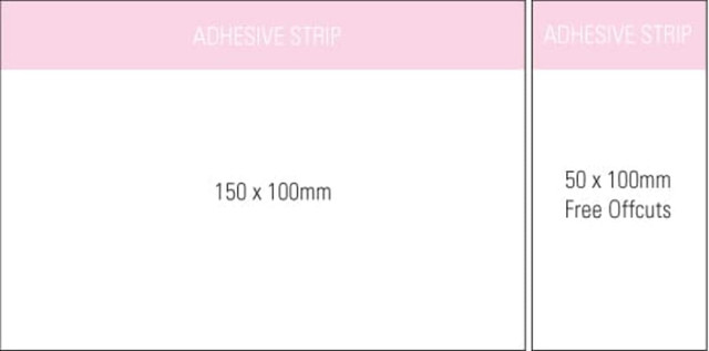 A notepad featuring an adhesive strip, measuring 150 x 100 mm, in white with a pink header. Includes free offsets.
