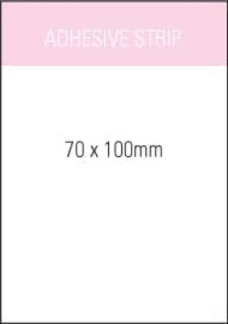 A notepad with a white surface, measuring 70x100mm, featuring a pink adhesive strip at the top and a logo.