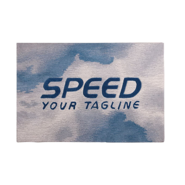 Acrylic fibre logo mat in shades of blue and grey, featuring a logo and text design.