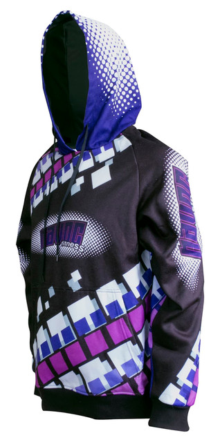 A purple and black adult hoodie featuring a pixelated pattern and a hood. The design includes vibrant geometric shapes.